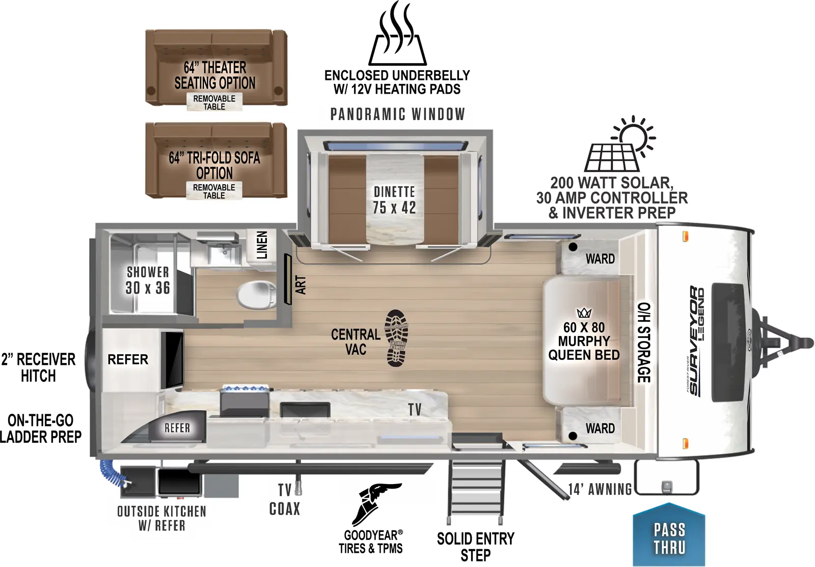 The 203RKLE has one entry and one slideout. Exterior features pass thru storage, solid entry step, TV coax, an outside kitchen, 14 foot awning, Goodyear tires and TPMS, on-the-go-ladder prep, 2 inch receiver hitch, enclosed underbelly with 12 volt heating pads, and 200 watt solar with 30 amp controller and inverter prep. Interior layout front to back: murphy queen bed with overhead storage and wardrobes on each side; off-door side dinette slideout with panoramic window;  door side entry, kitchen counter, TV, and wraps to rear refrigerator; rear door side full bathroom with linen closet. This RV has central vacuum. Optional theater seating or tri-fold sofa available in place of dinette.